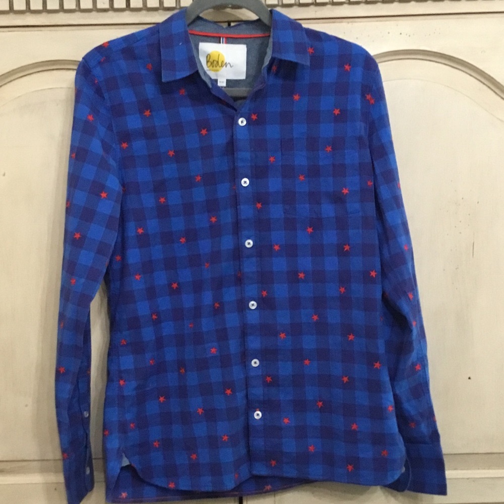 Mini Boden Star Embroidered Red And Blue Gingham Button Up Shirt Size 15-16